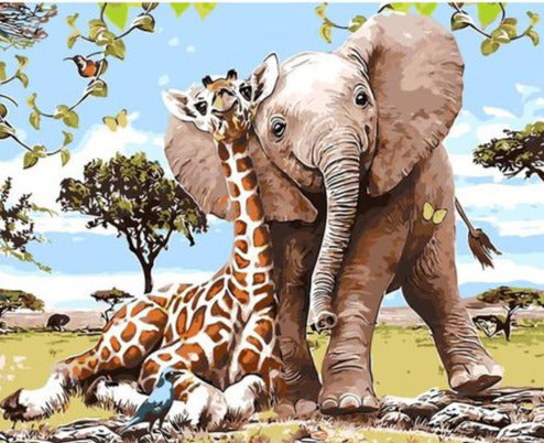 Kit Completo - Pintura Numerada - A Girafa e o Elefante